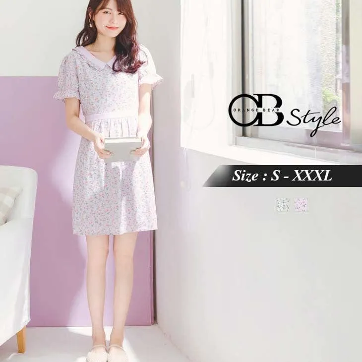 ORANGEBEAR PRINTED RUFFLE CHIFFON DRESS