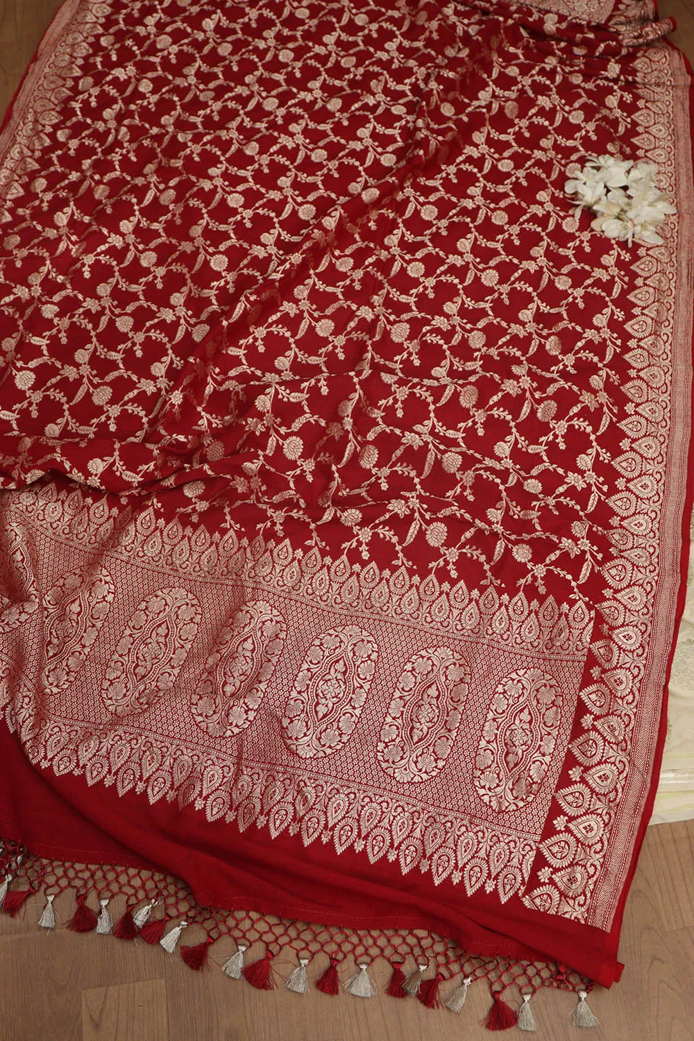 Pastel Banarasi Silk Suit With Red Banarasi Handloom Pure Moonga Silk Dupatta