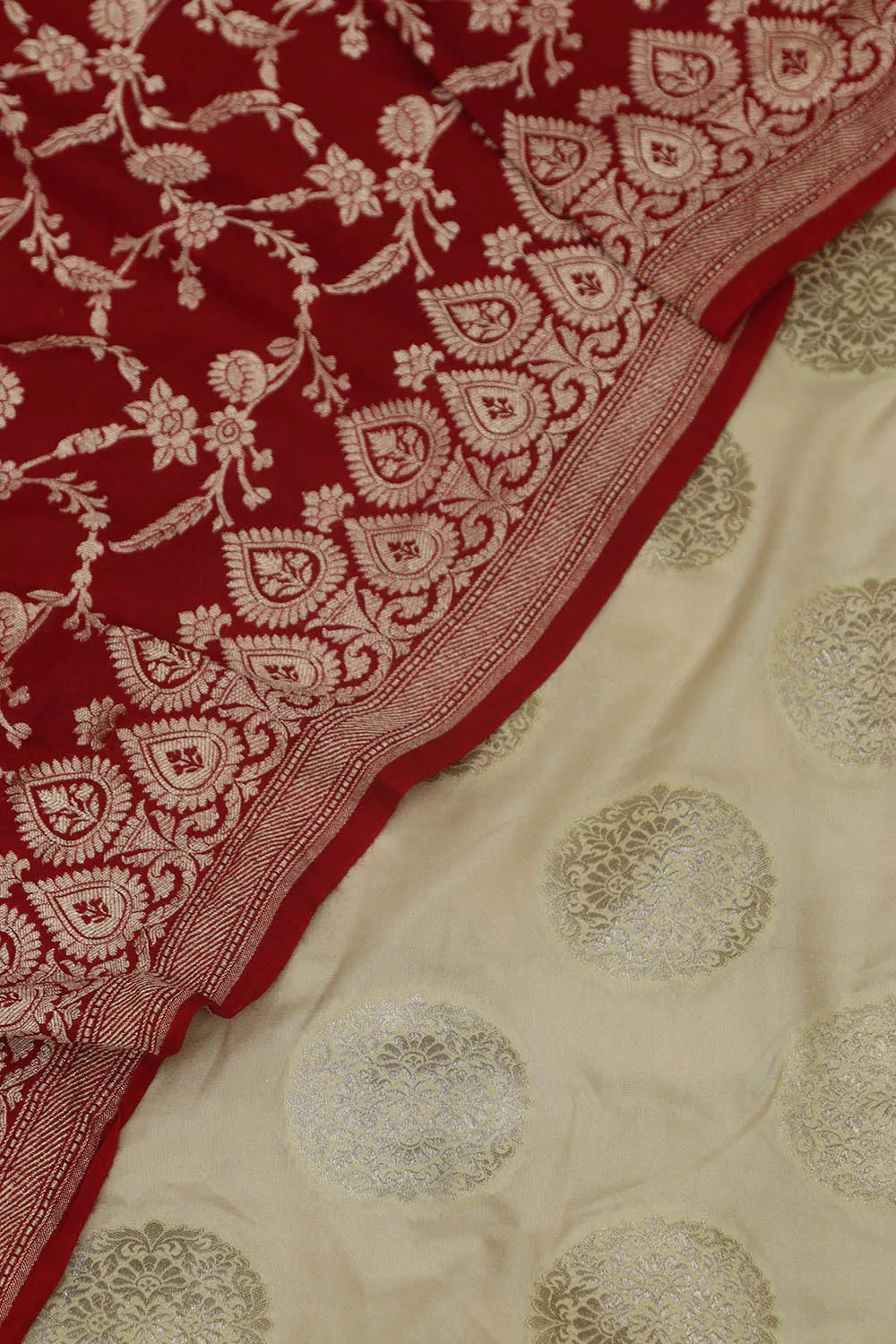 Pastel Banarasi Silk Suit With Red Banarasi Handloom Pure Moonga Silk Dupatta