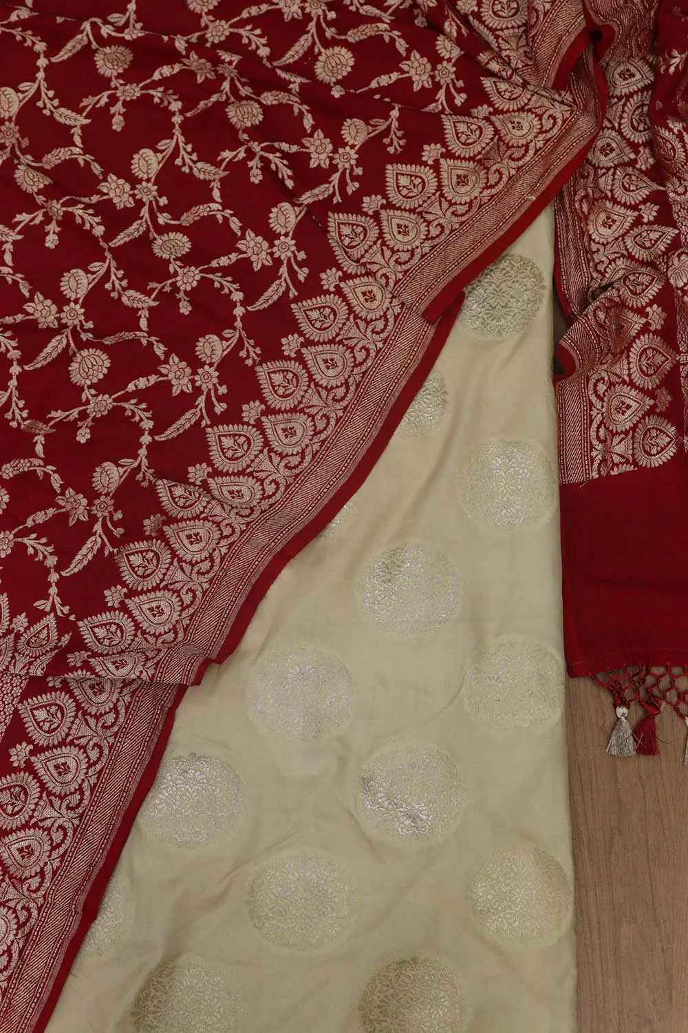 Pastel Banarasi Silk Suit With Red Banarasi Handloom Pure Moonga Silk Dupatta