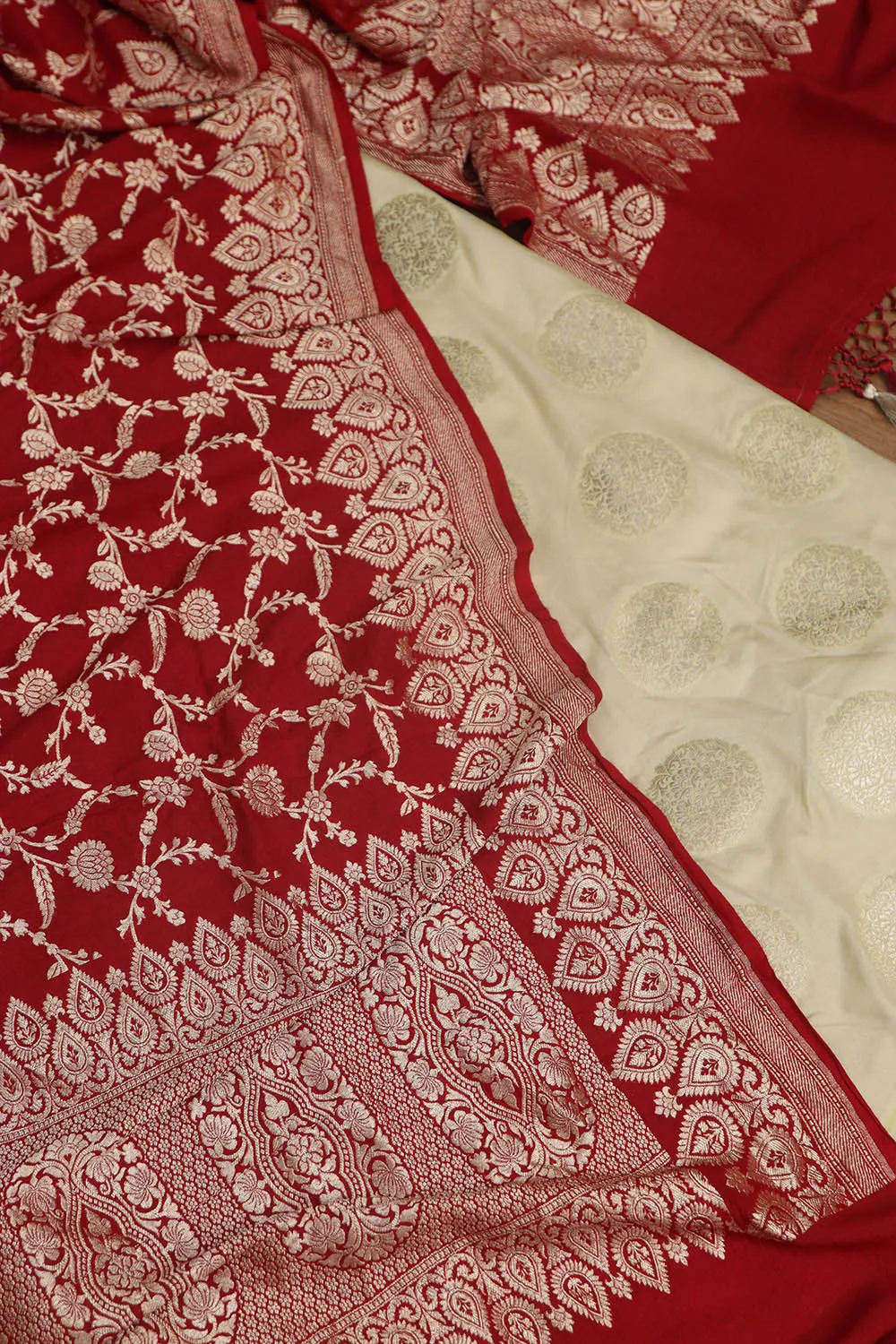 Pastel Banarasi Silk Suit With Red Banarasi Handloom Pure Moonga Silk Dupatta