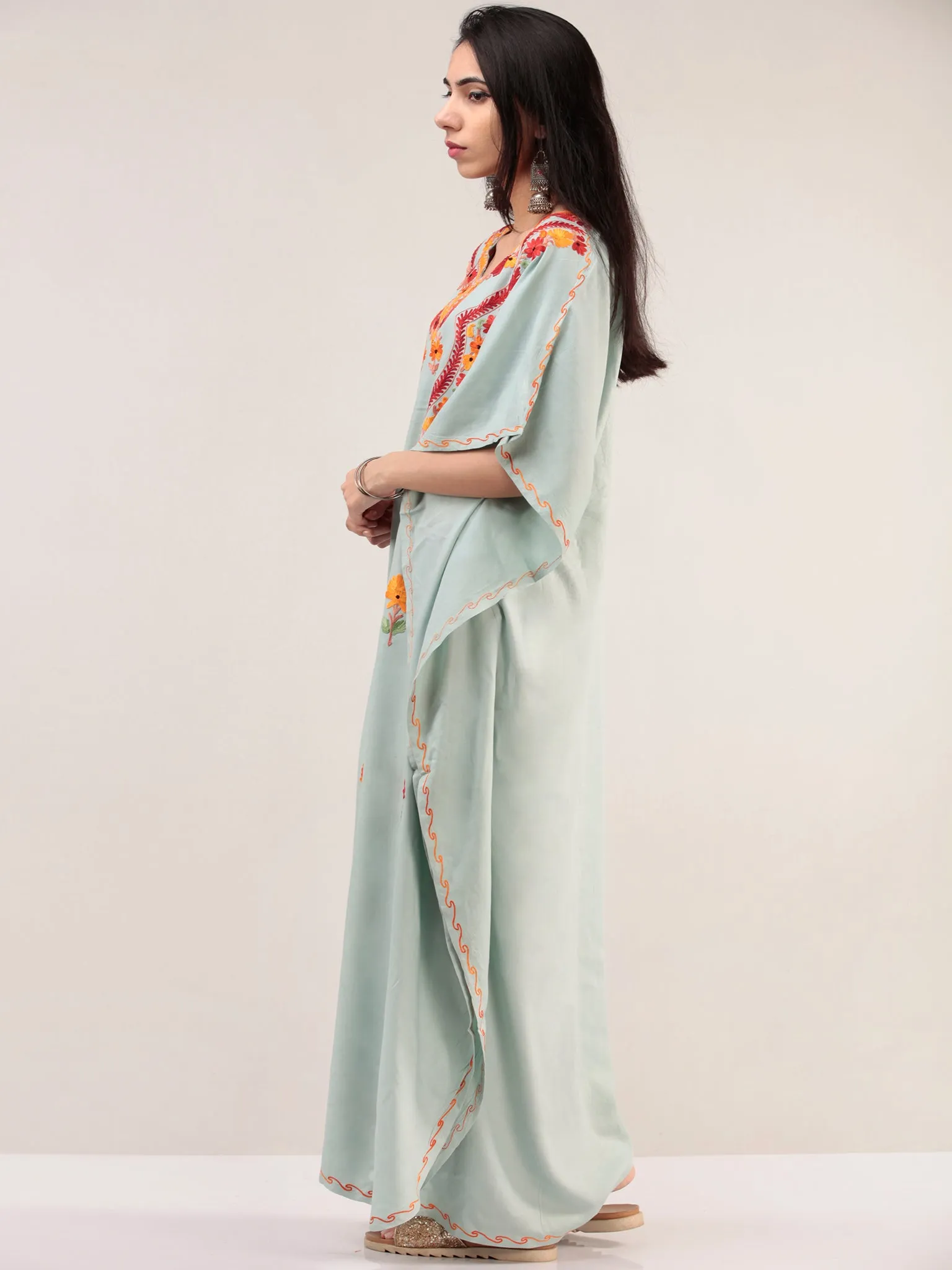 Pastel Green Aari Embroidered Kashmere Free Size Kaftan  - K12K059