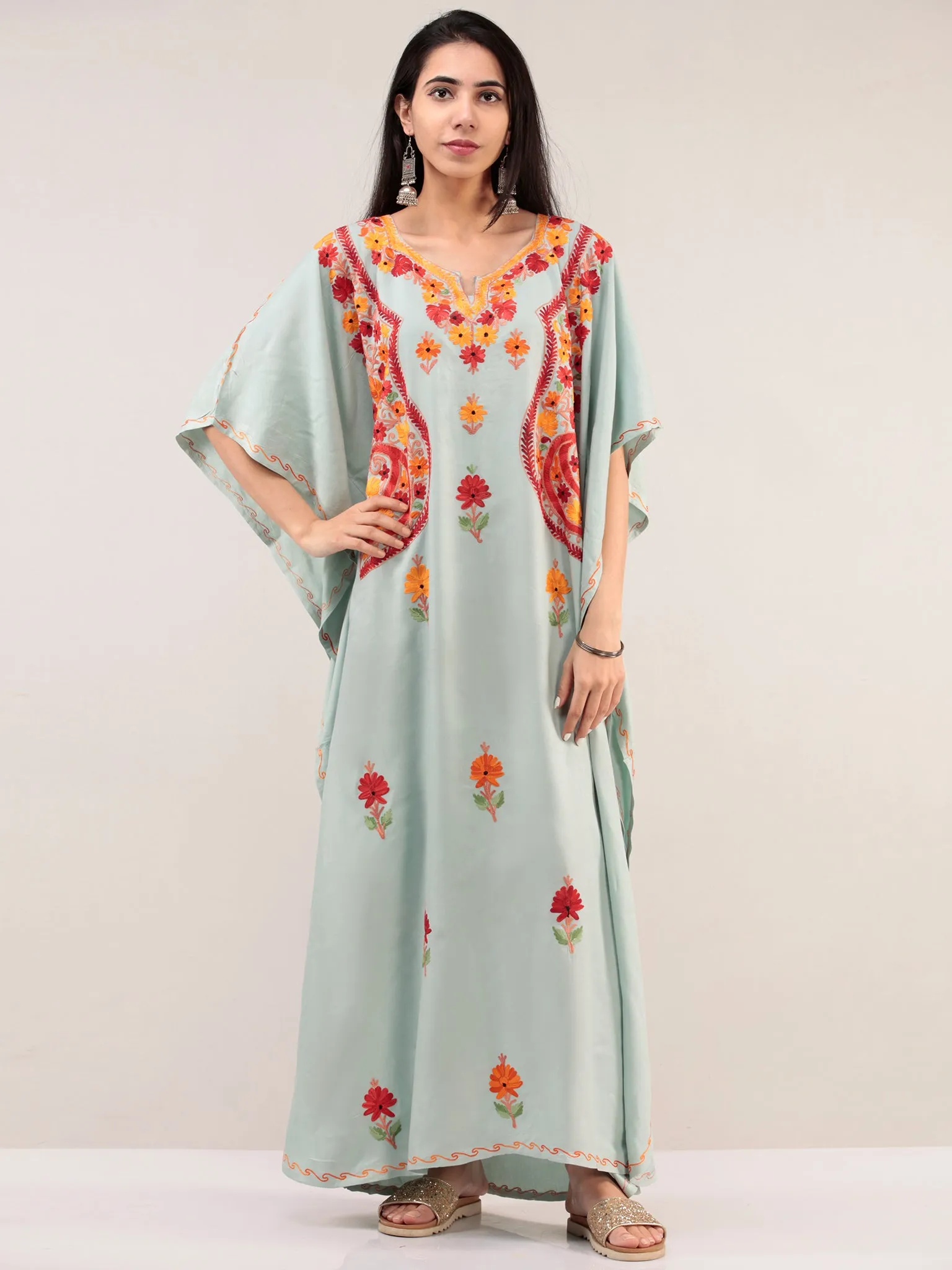 Pastel Green Aari Embroidered Kashmere Free Size Kaftan  - K12K059