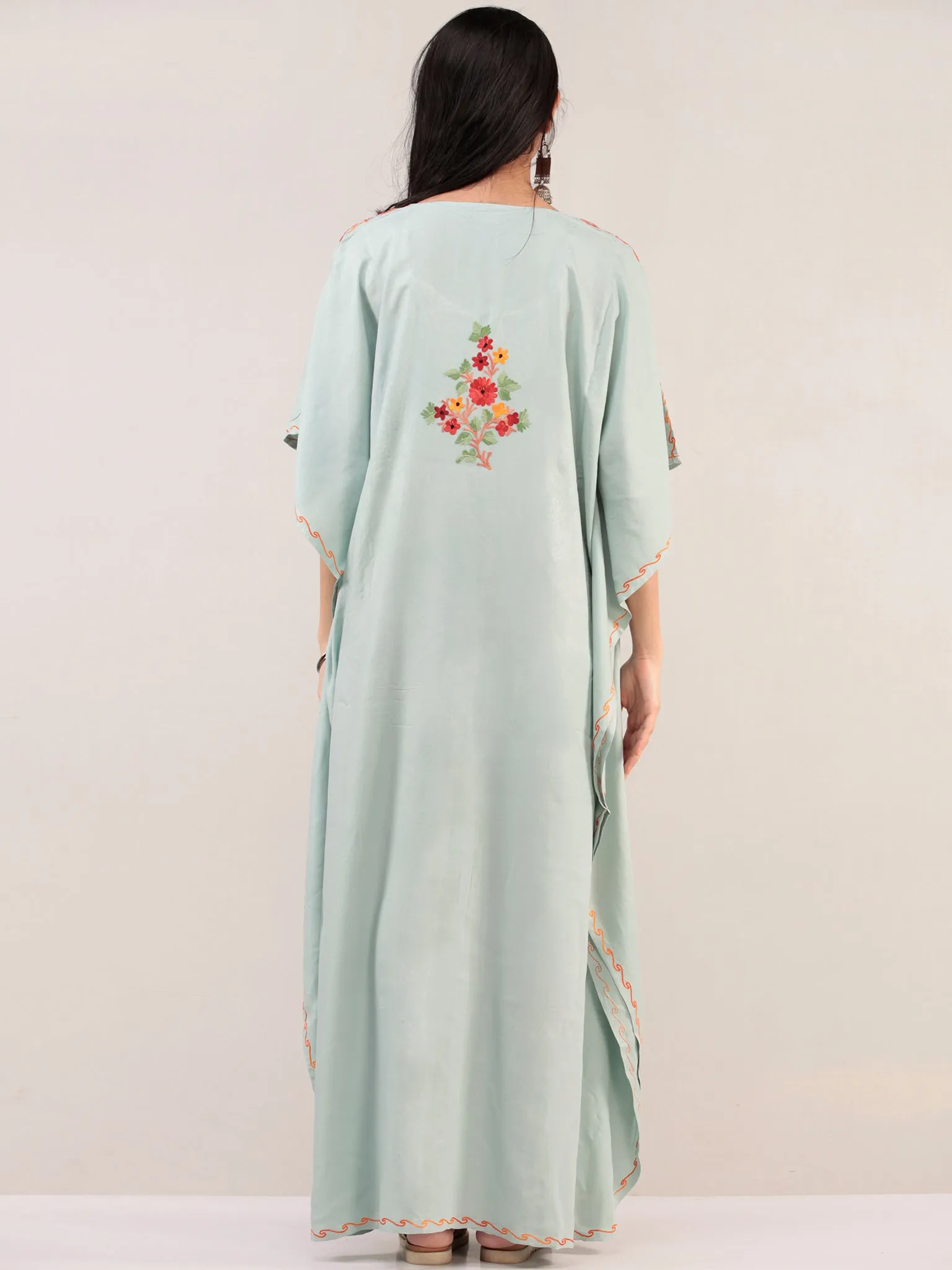 Pastel Green Aari Embroidered Kashmere Free Size Kaftan  - K12K059