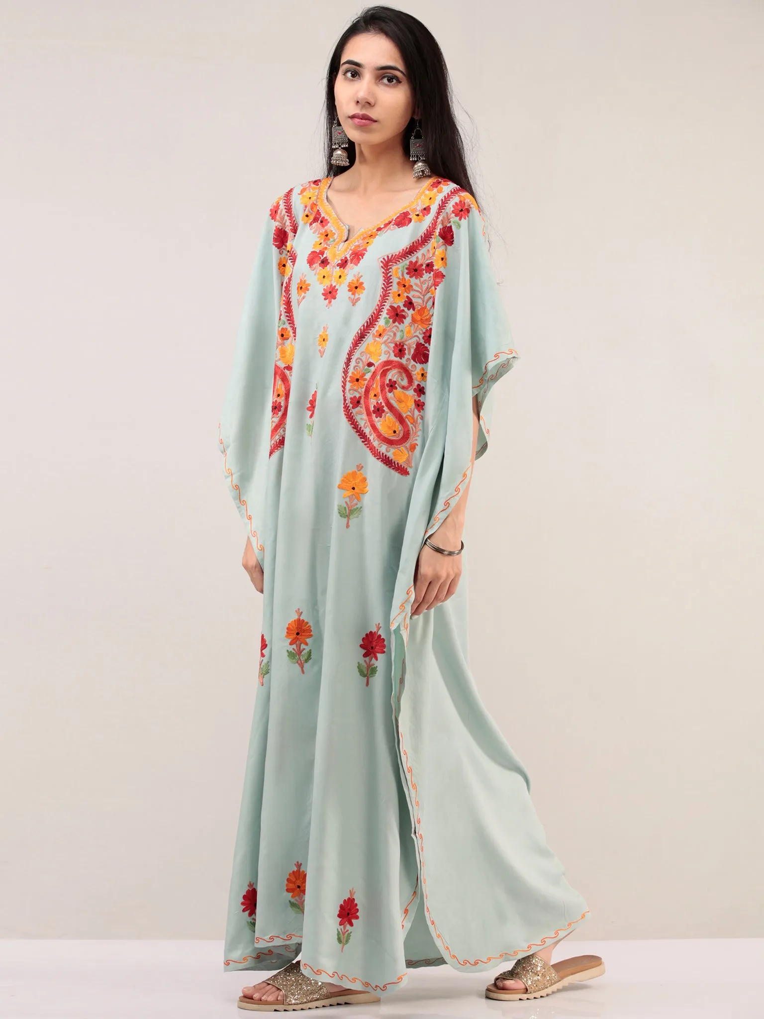 Pastel Green Aari Embroidered Kashmere Free Size Kaftan  - K12K059