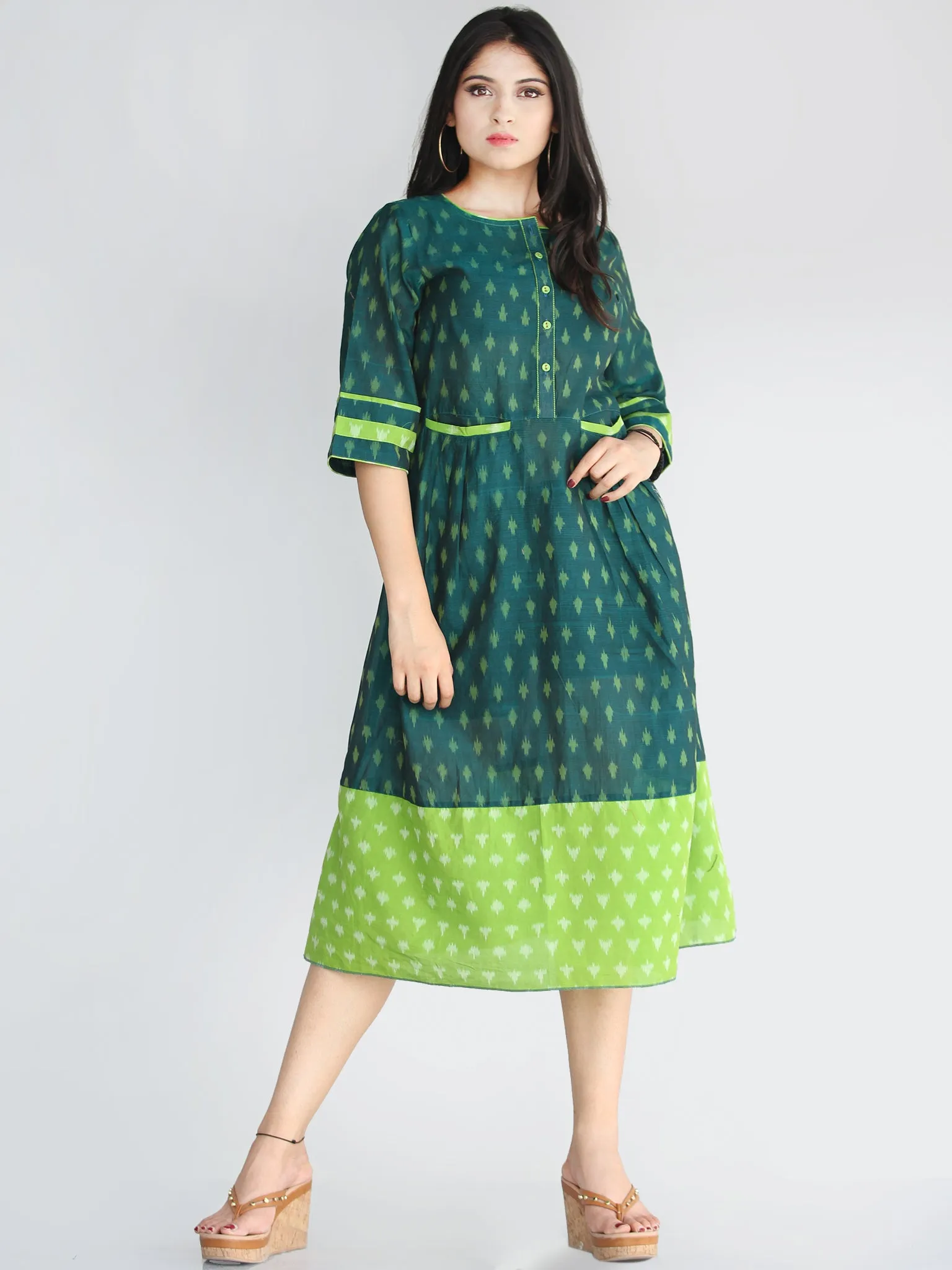 Qaima - Handwoven Cotton Silk Ikat Midi Dress With Front Pockets - D419F1960
