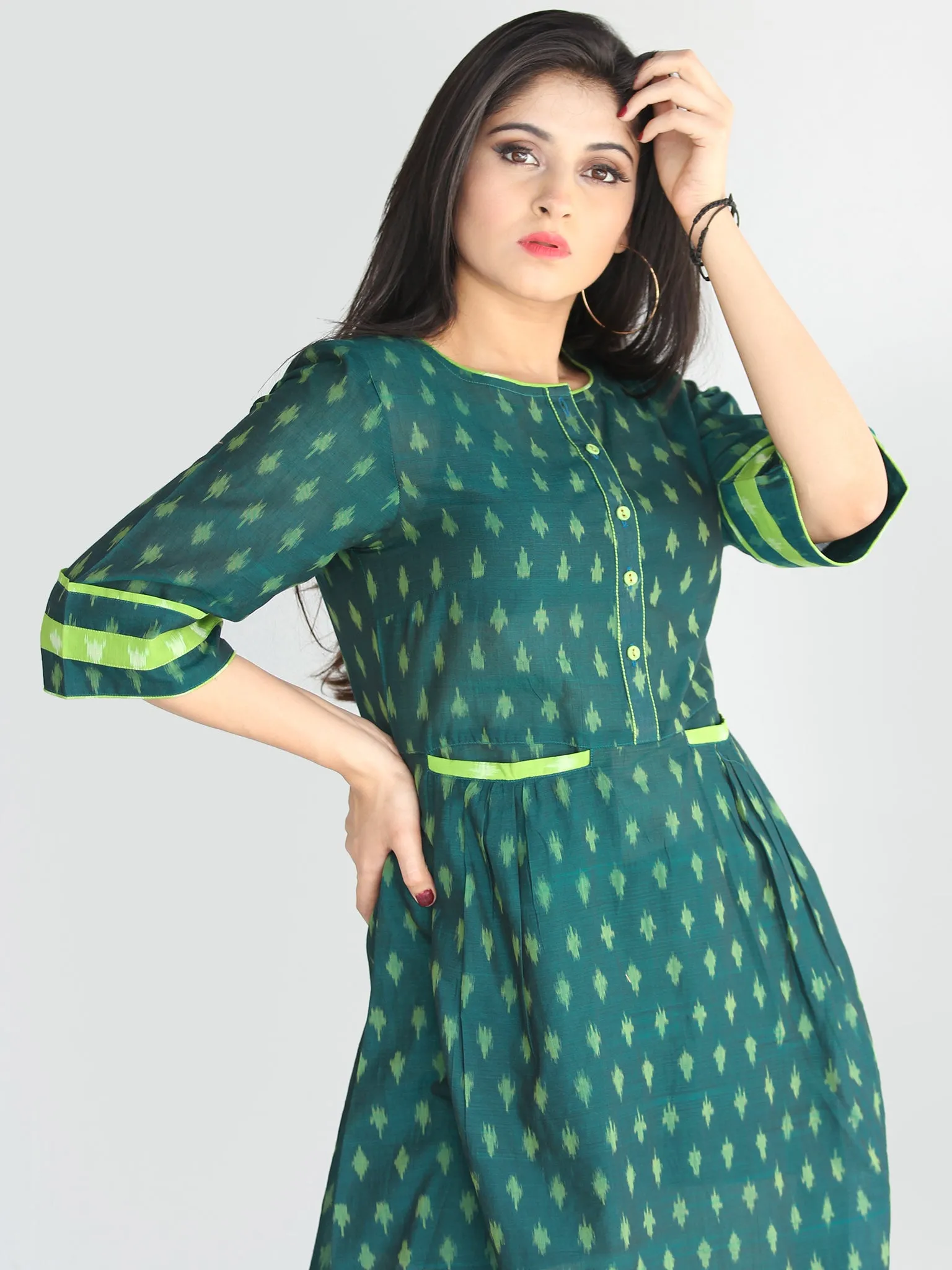 Qaima - Handwoven Cotton Silk Ikat Midi Dress With Front Pockets - D419F1960