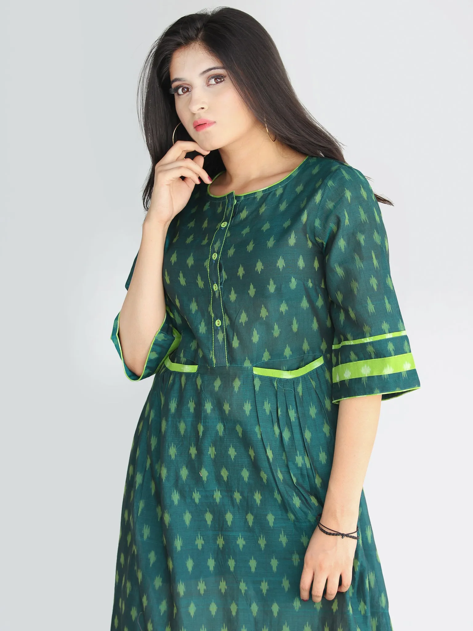 Qaima - Handwoven Cotton Silk Ikat Midi Dress With Front Pockets - D419F1960