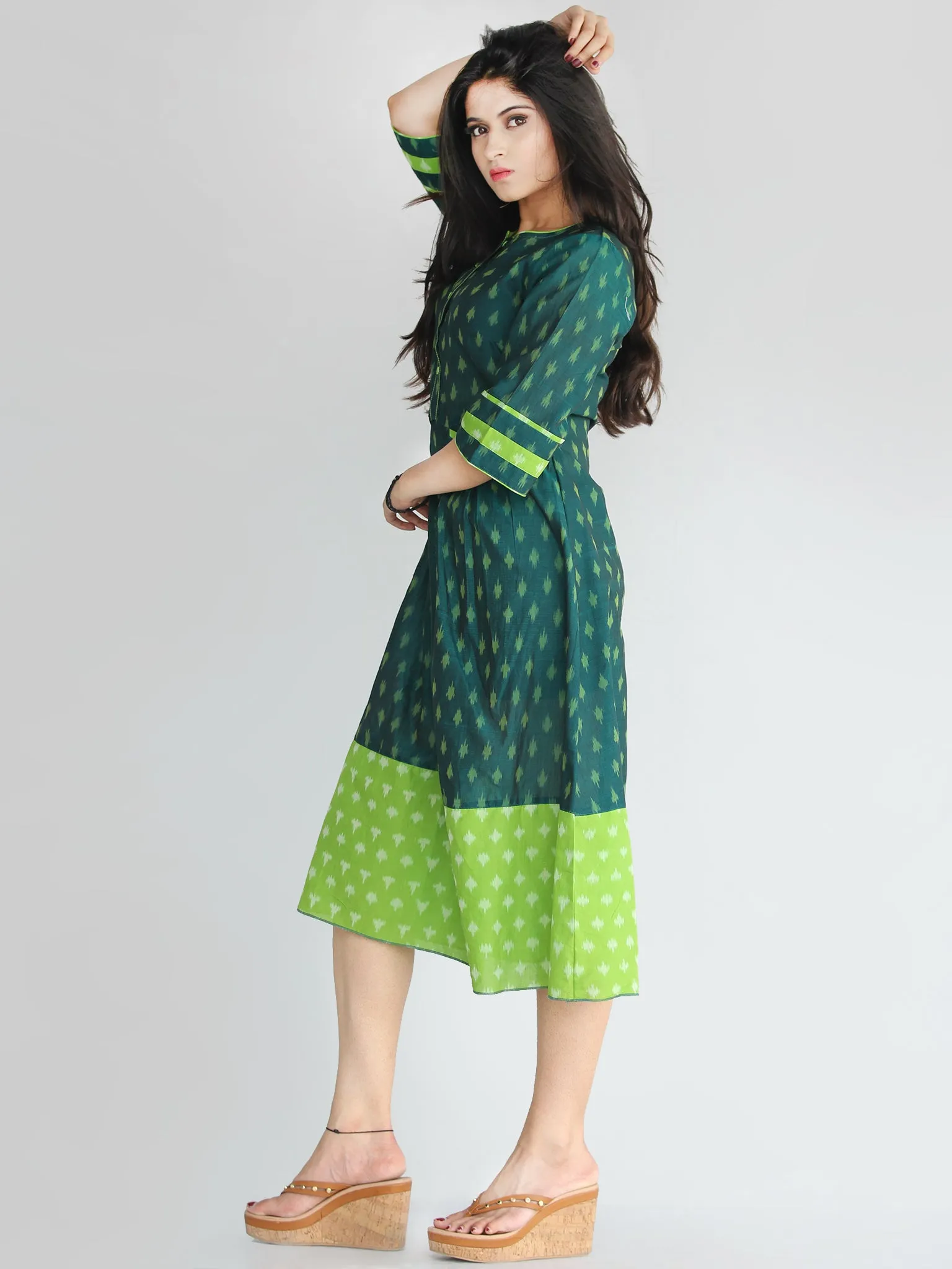 Qaima - Handwoven Cotton Silk Ikat Midi Dress With Front Pockets - D419F1960