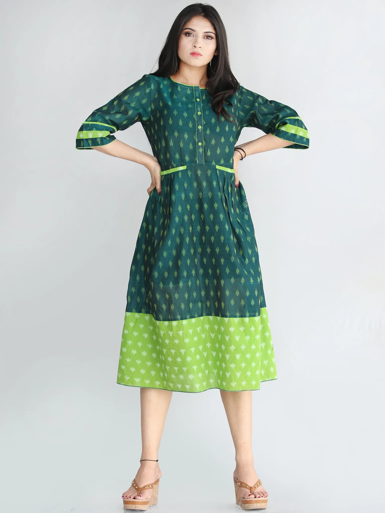 Qaima - Handwoven Cotton Silk Ikat Midi Dress With Front Pockets - D419F1960