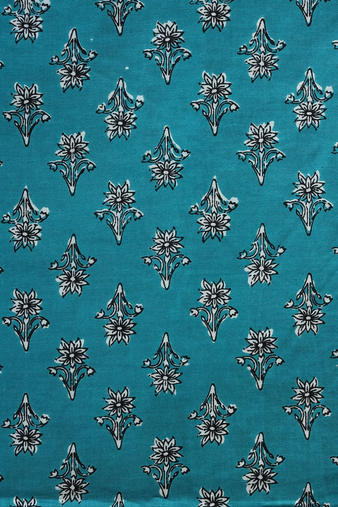 Rama Blue And White Floral Print On Pure Cotton Fabric