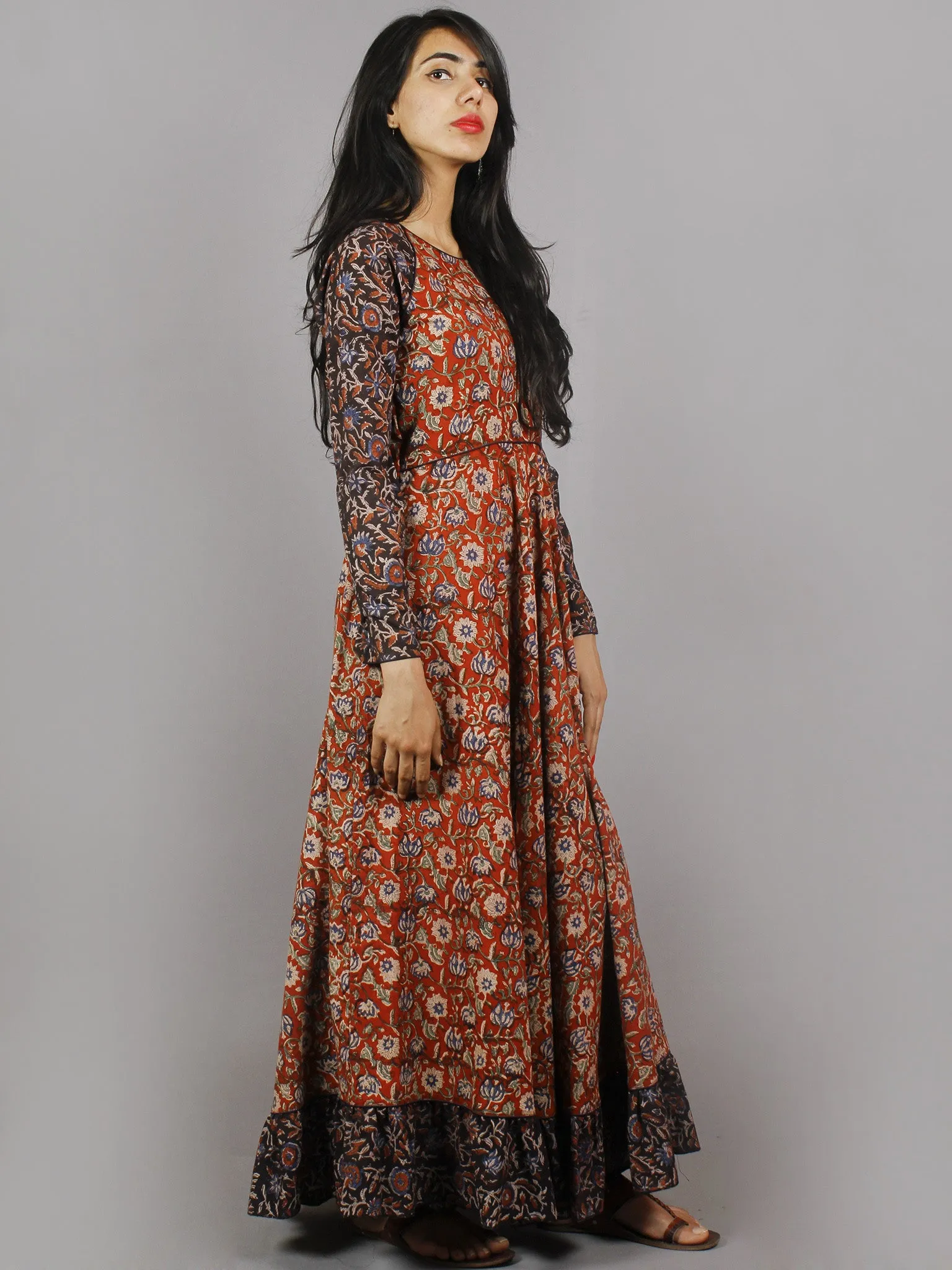 Red Black Beige Green Blue Hand Block Printed Long Cotton Dress With Gather - D0657918