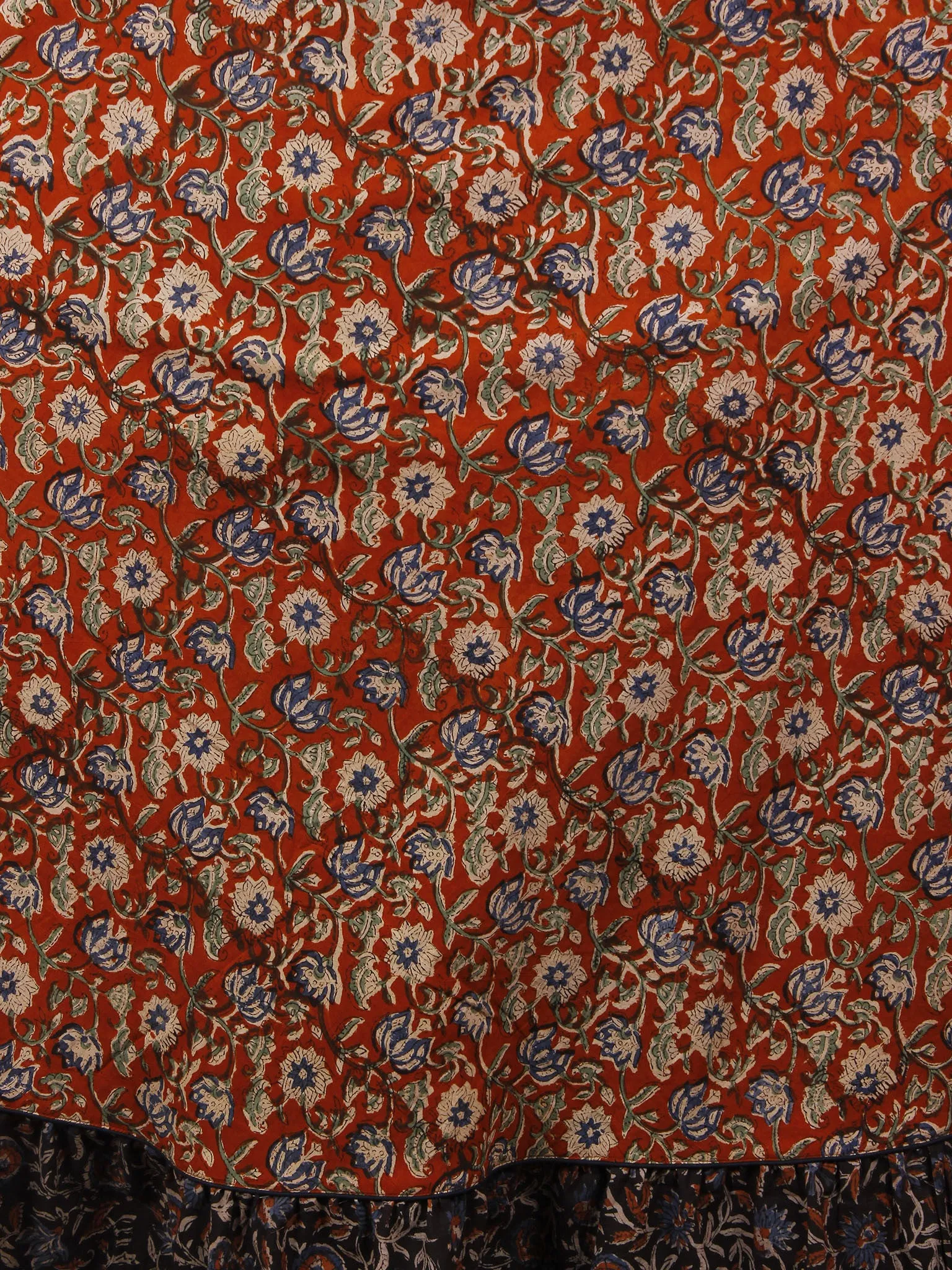 Red Black Beige Green Blue Hand Block Printed Long Cotton Dress With Gather - D0657918