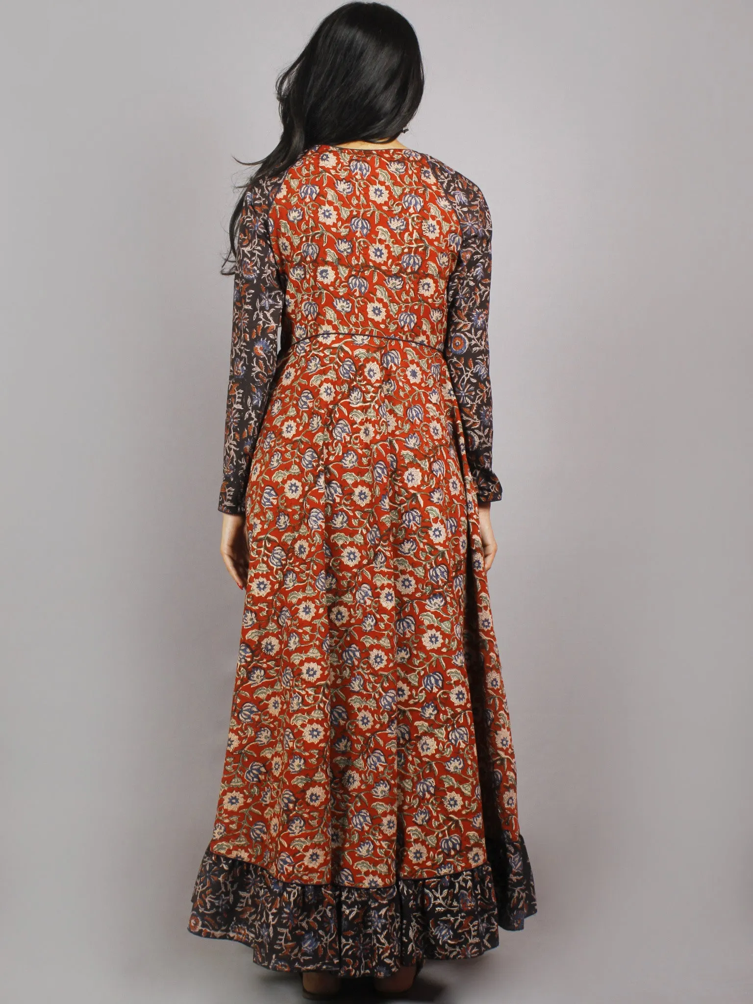 Red Black Beige Green Blue Hand Block Printed Long Cotton Dress With Gather - D0657918