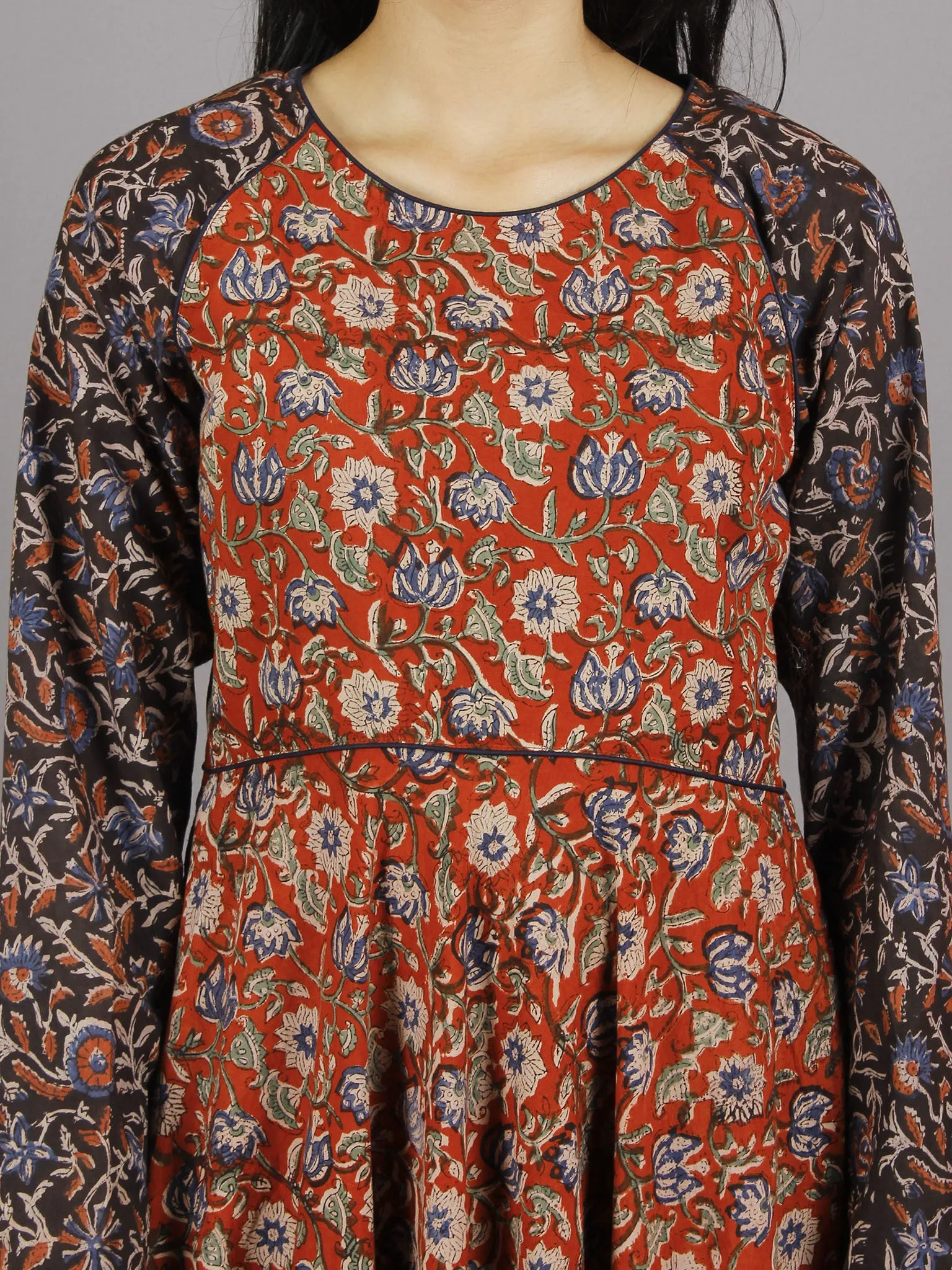 Red Black Beige Green Blue Hand Block Printed Long Cotton Dress With Gather - D0657918