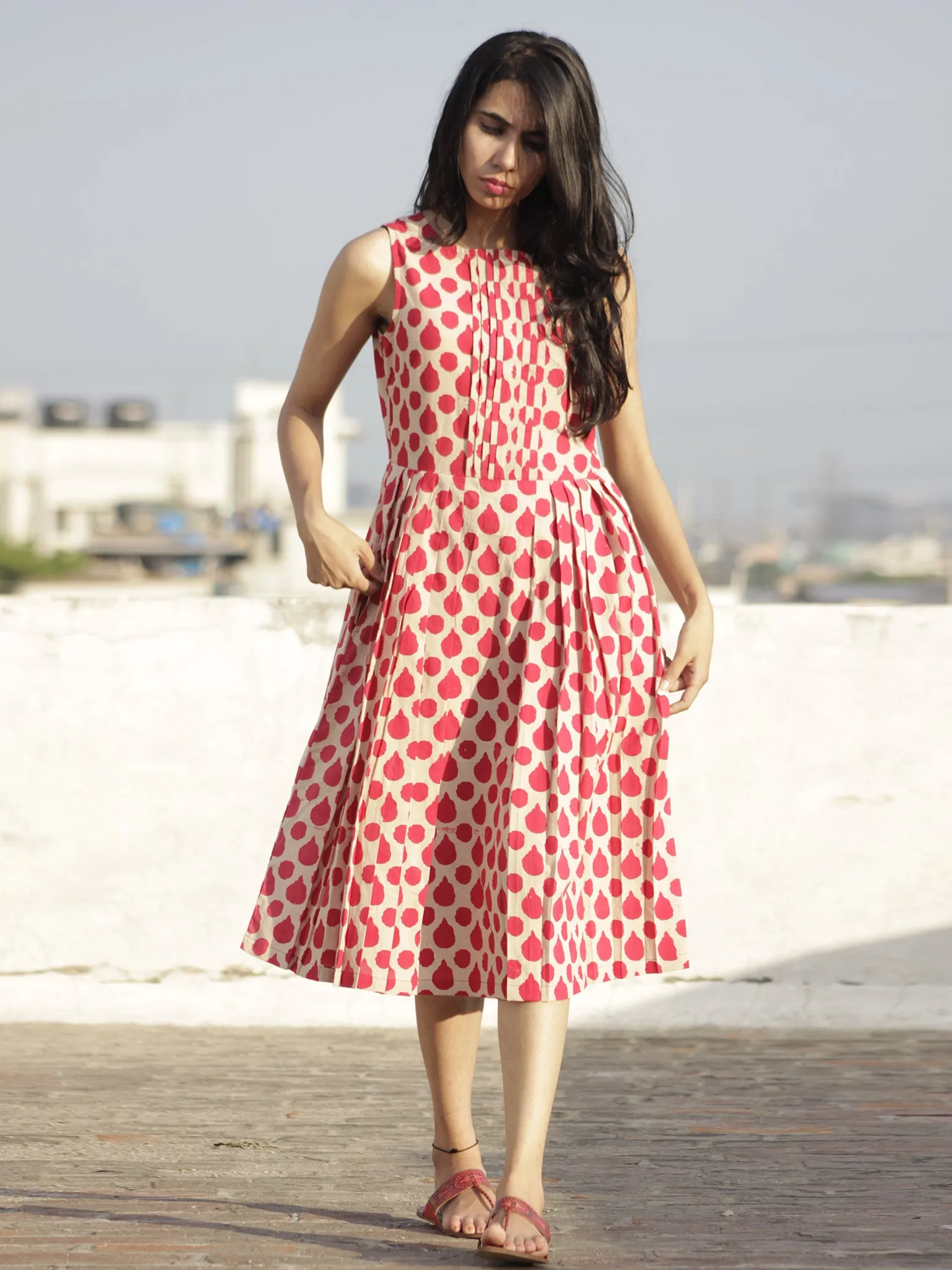 Red Ivory Hand Block Printed Cotton Dress With Knife Pleats - D103F484