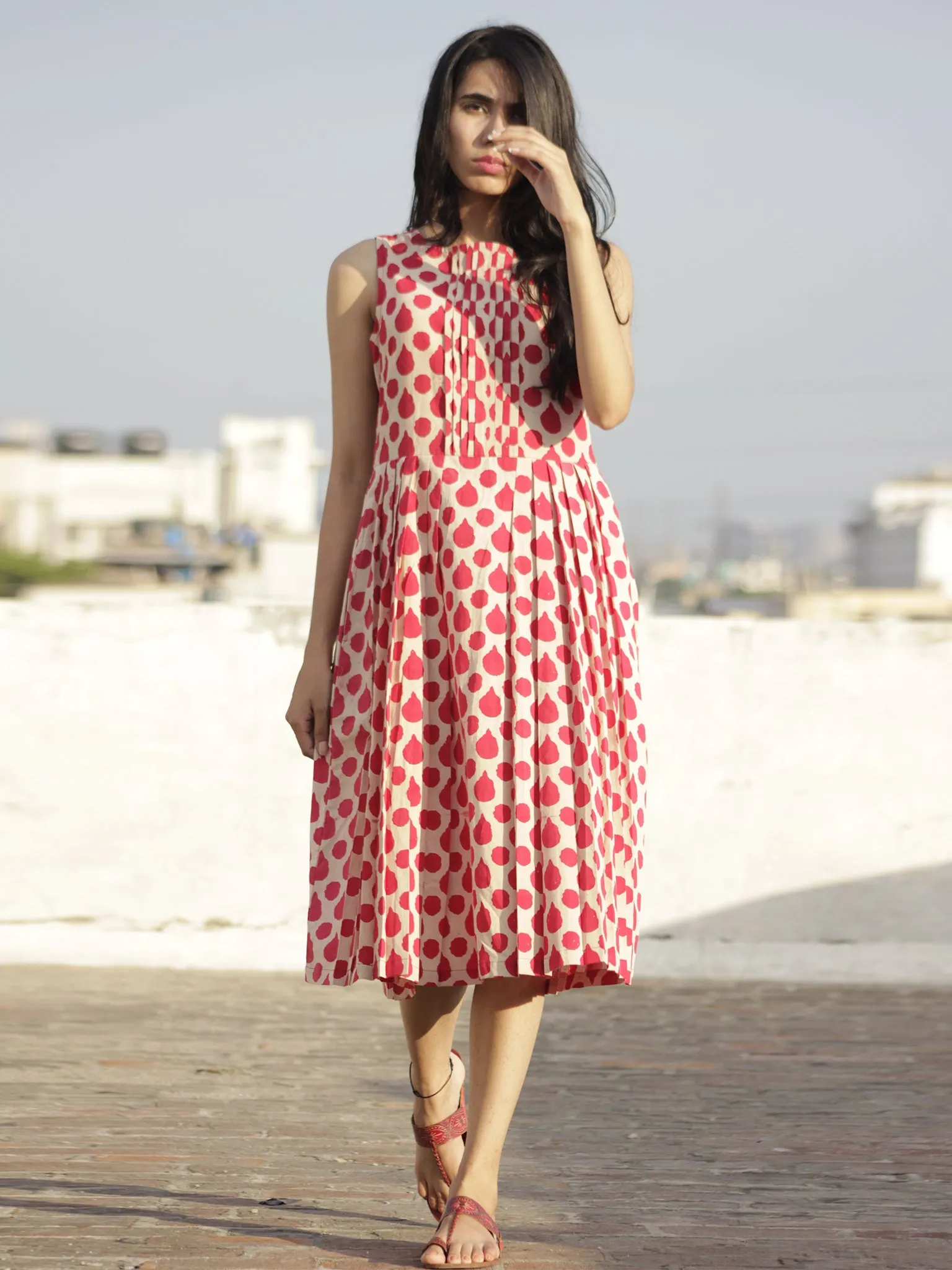 Red Ivory Hand Block Printed Cotton Dress With Knife Pleats - D103F484