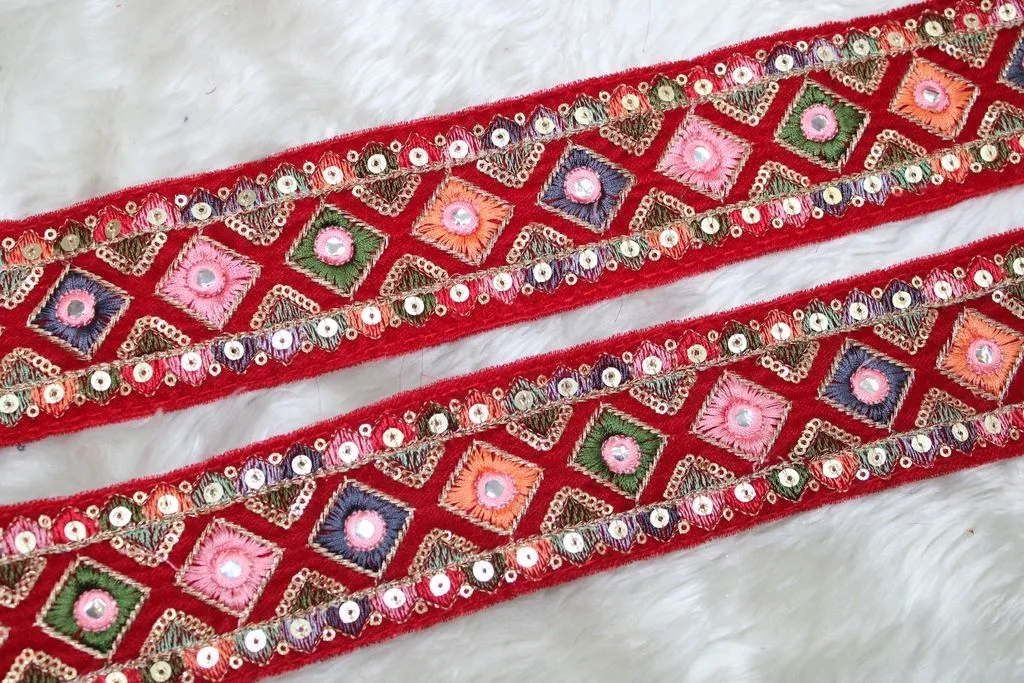 Red Multicolour Thread and Sequins Work Embroidered Border
