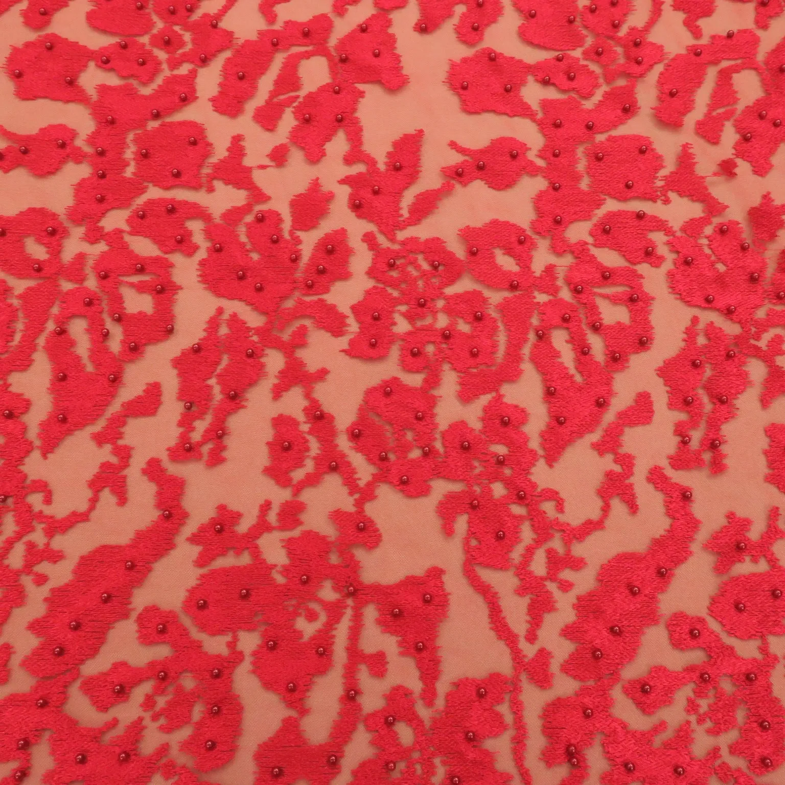 Red Tulle with Red Pearls Abstract Embroidery Fabric