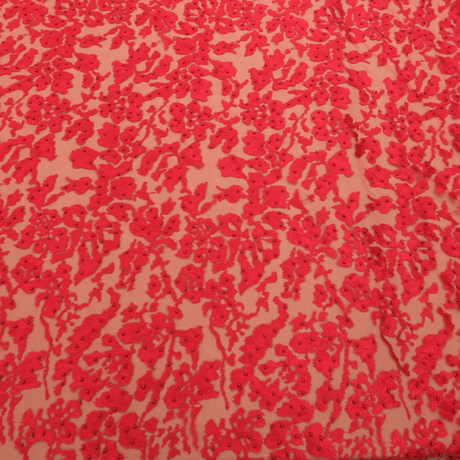Red Tulle with Red Pearls Abstract Embroidery Fabric
