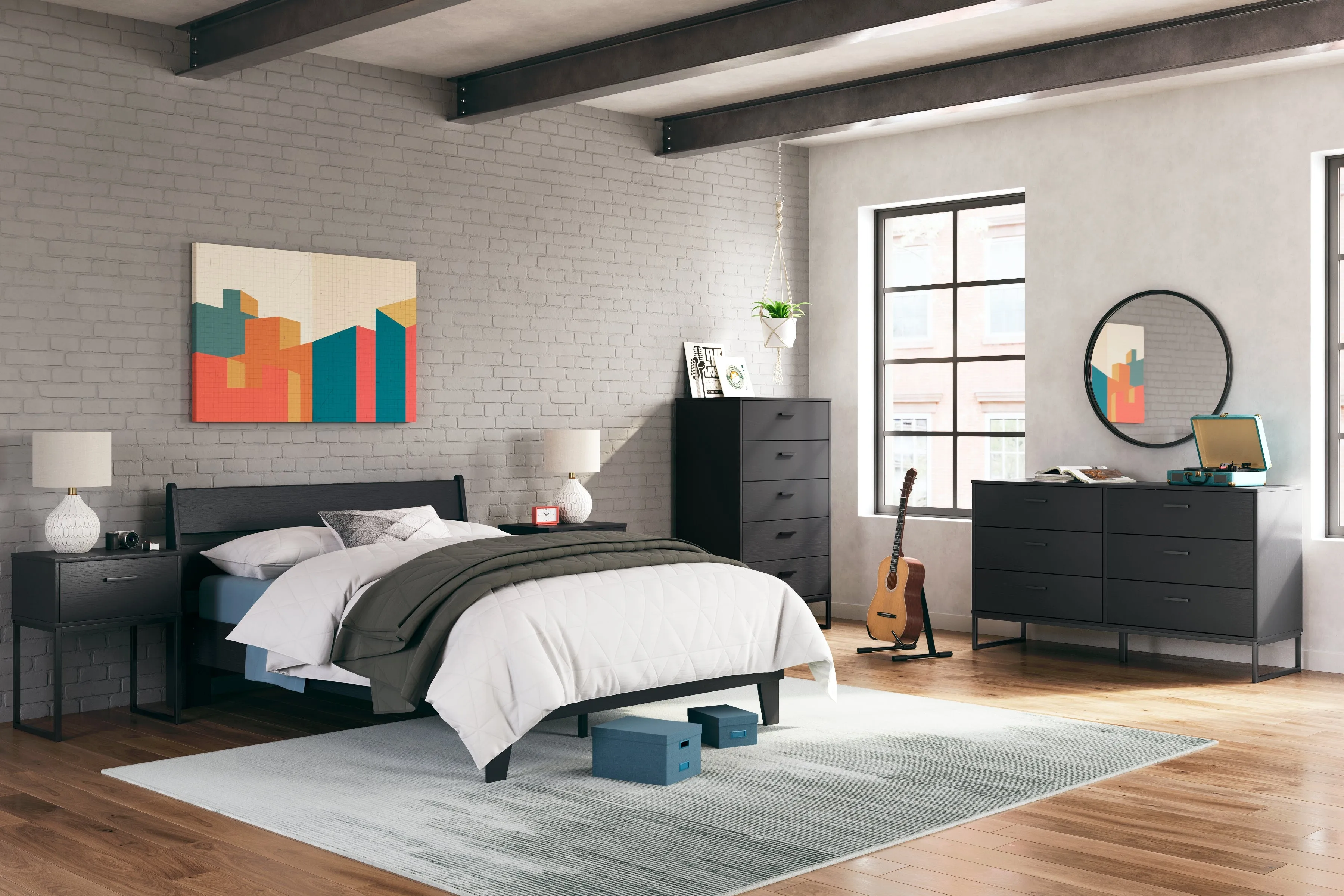 Socalle Full Panel Platform Bed with Dresser, Chest and Nightstand in Black
