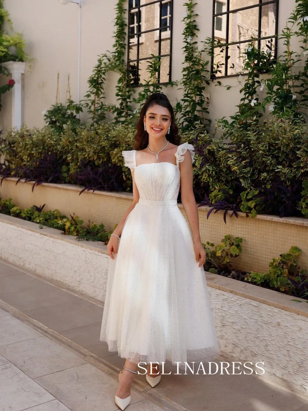 Square Neck Ankle-length Prom Dresses Sparkly Tulle Cheap Formal Dresses SKO008