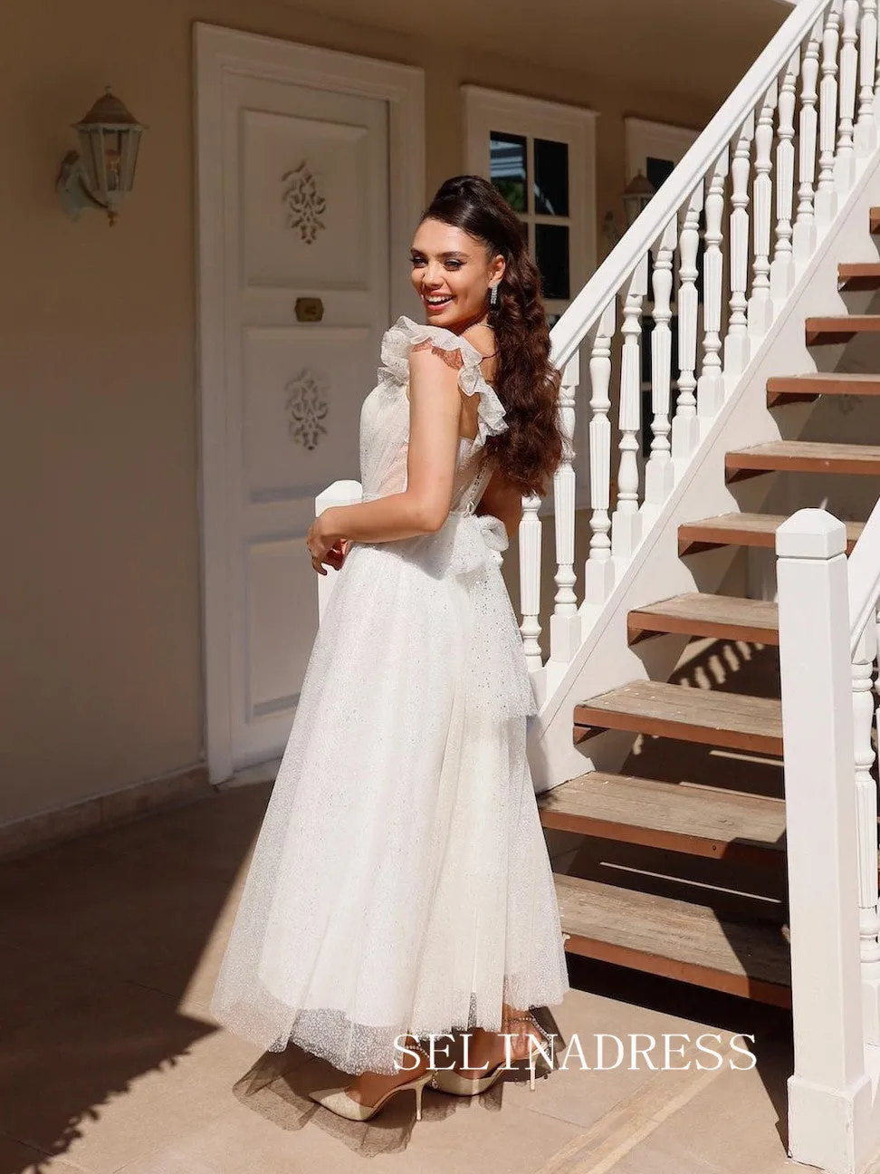 Square Neck Ankle-length Prom Dresses Sparkly Tulle Cheap Formal Dresses SKO008