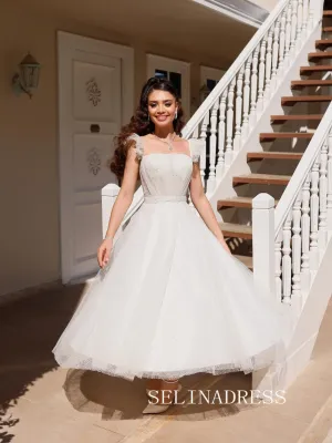 Square Neck Ankle-length Prom Dresses Sparkly Tulle Cheap Formal Dresses SKO008