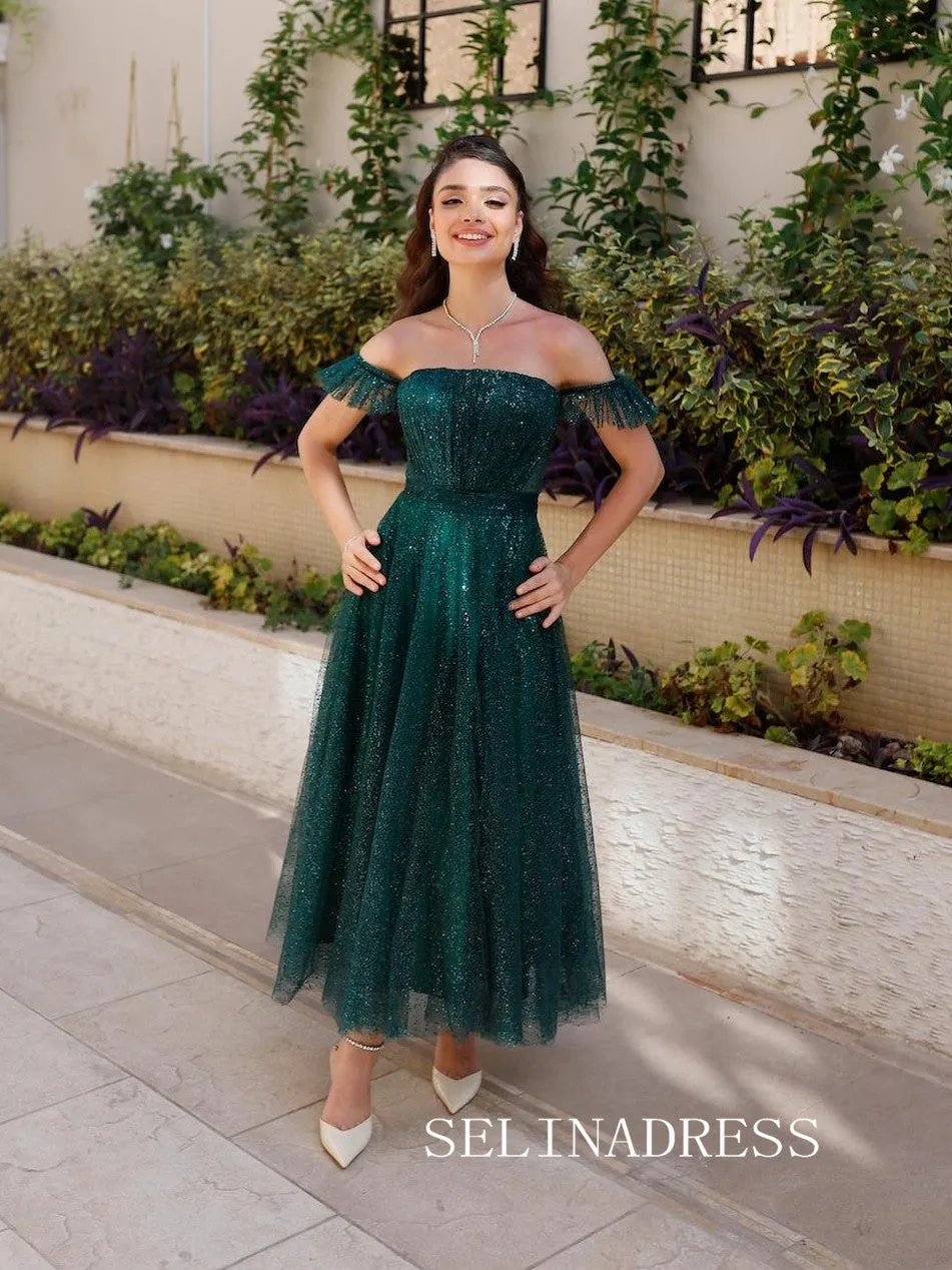 Square Neck Ankle-length Prom Dresses Sparkly Tulle Cheap Formal Dresses SKO008