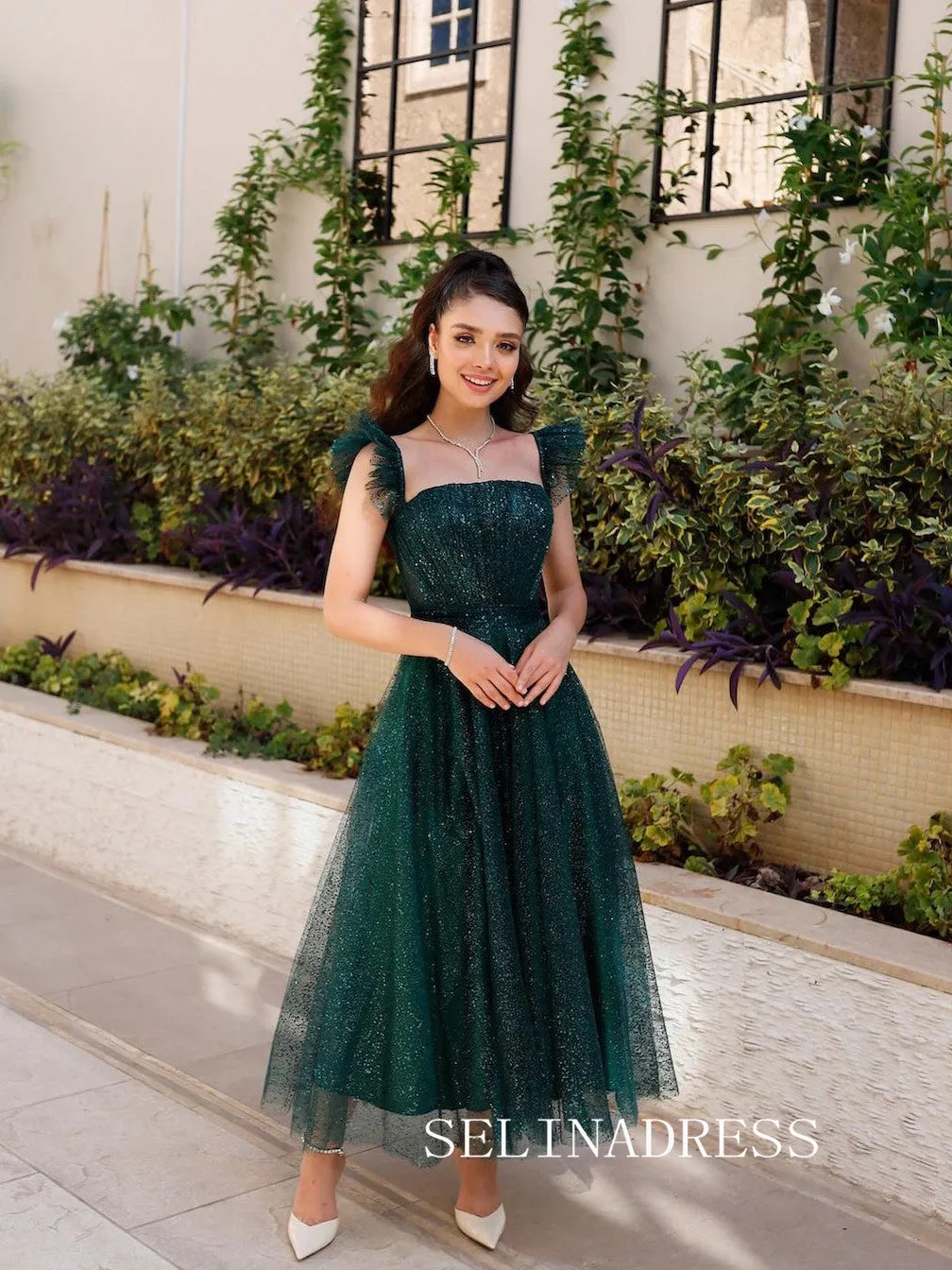 Square Neck Ankle-length Prom Dresses Sparkly Tulle Cheap Formal Dresses SKO008