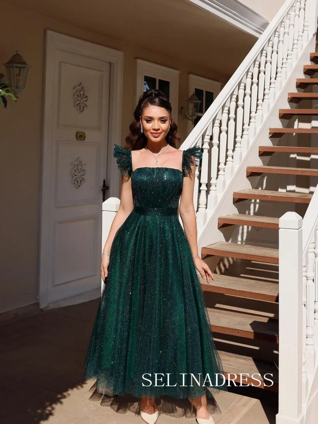 Square Neck Ankle-length Prom Dresses Sparkly Tulle Cheap Formal Dresses SKO008