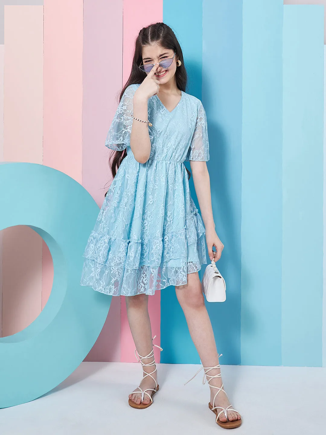 V-Neck Lace Fit Flare Dress