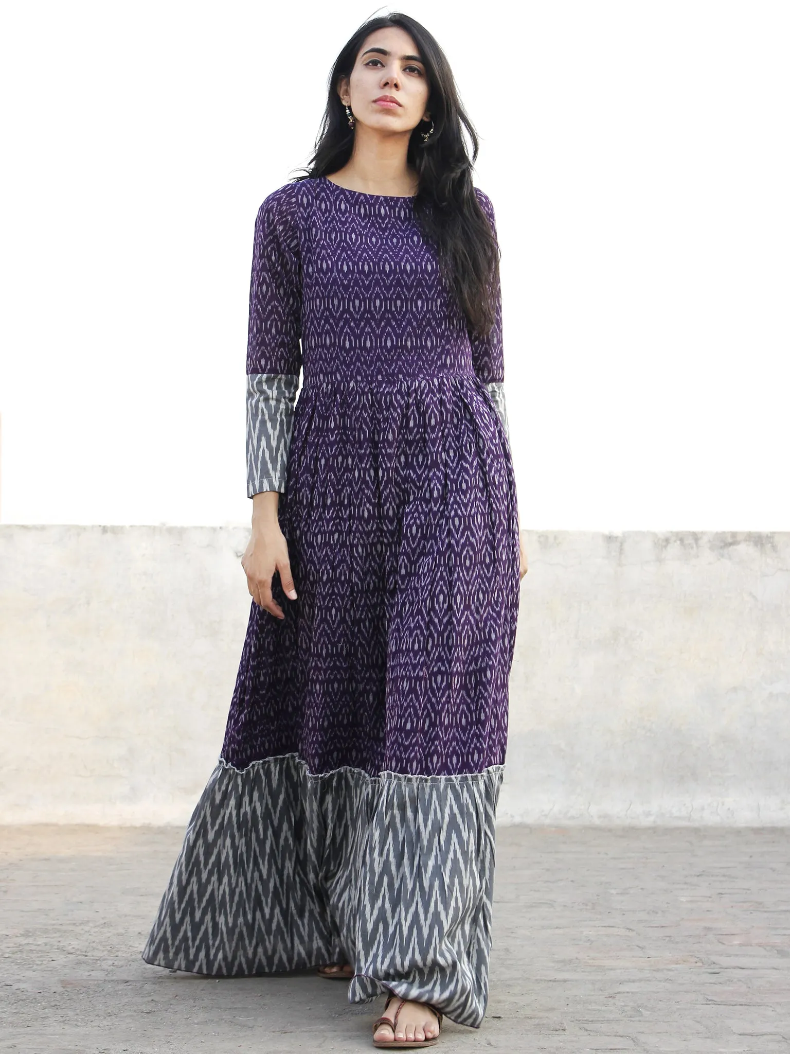 Violet Grey Ivory Hand Woven Cotton Mercerized  Ikat Tier Dress - D175F840