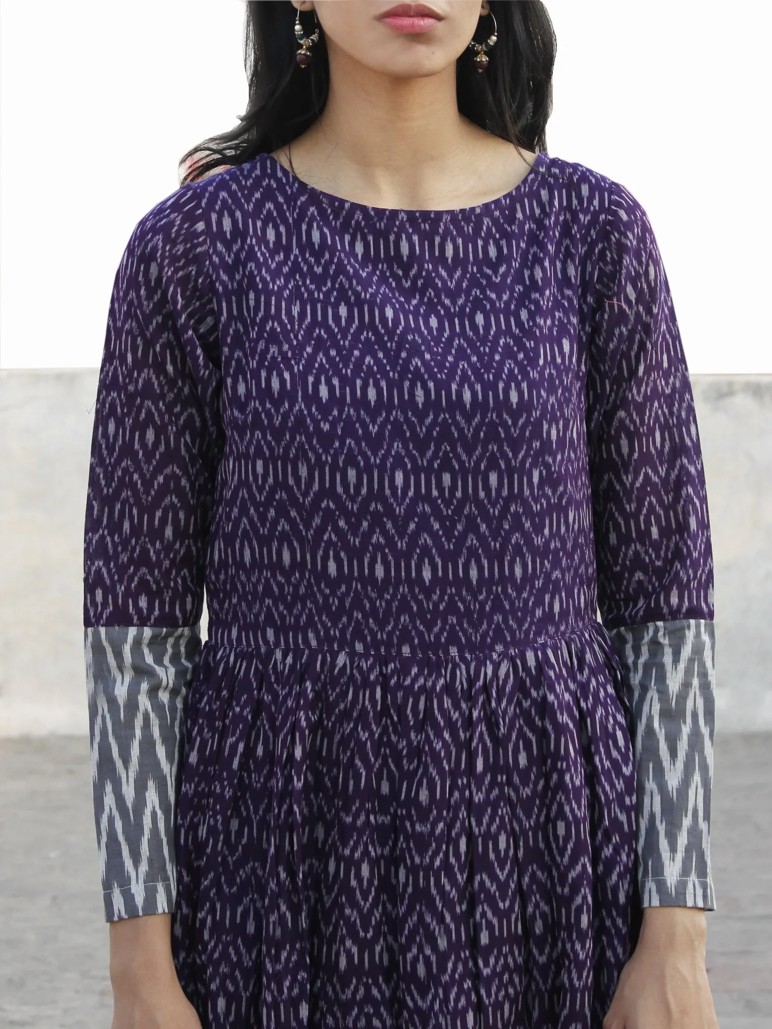 Violet Grey Ivory Hand Woven Cotton Mercerized  Ikat Tier Dress - D175F840