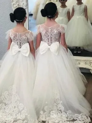White Applique Scoop Neck Lovely Bowknot Flower Girl Dresses For Wedding GRS037