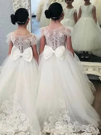 White Applique Scoop Neck Lovely Bowknot Flower Girl Dresses For Wedding GRS037