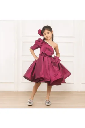 Wine Big Bow Embroidered One Shoulder Dress
