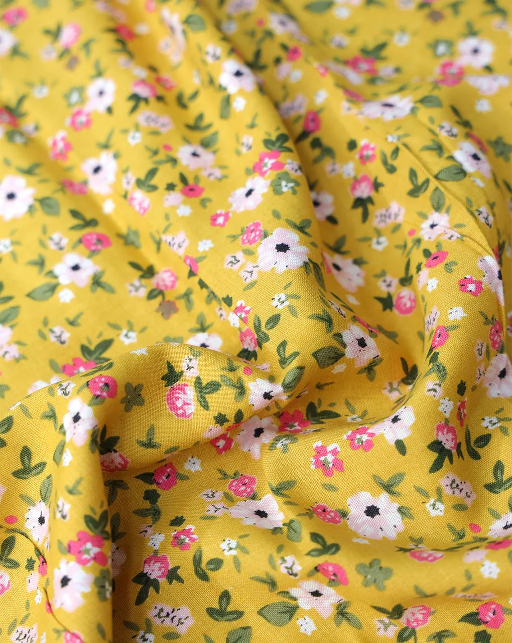 YELLOW SMALL FLOWERS DESIGN PRINTED RAYON FABRIC